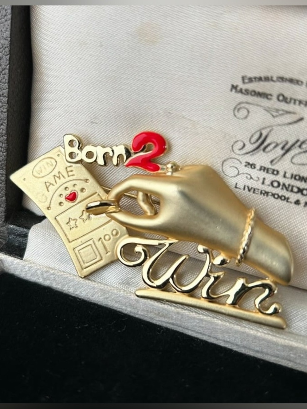 Vintage Signed AJC Born 2 Win Brooch Gold Red Lady Casino Lucky Charm Enamel Pin